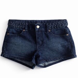 Forever 21 • Dark Wash Denim Shorts Braided Waistband Low Rise Festival Summer